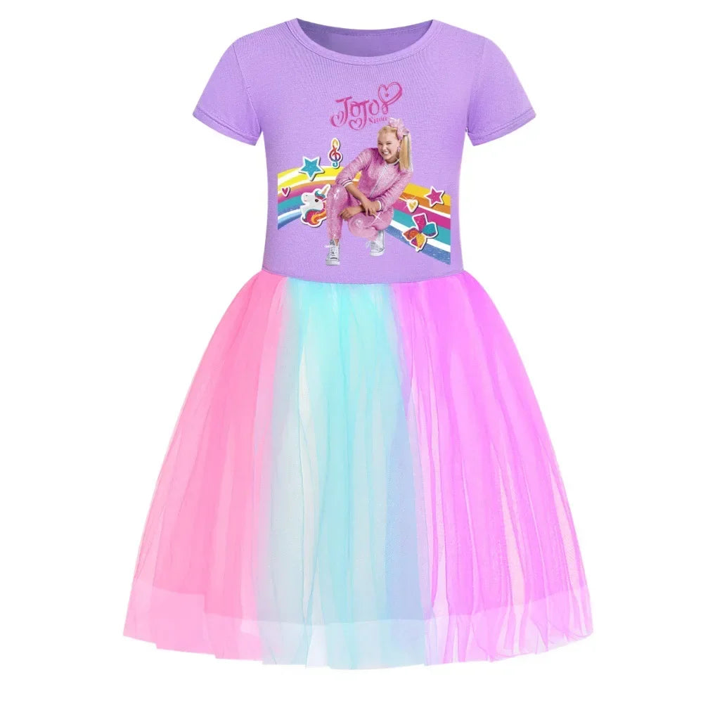 2025 Girls Princess Dress Kids Cute JOJO Siwa T Shirt Pleated Dresses Children Summer Vestidos Cartoon Birthday Party Clothes