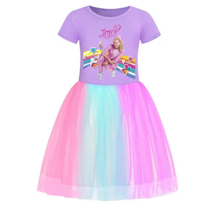 2025 Girls Princess Dress Kids Cute JOJO Siwa T Shirt Pleated Dresses Children Summer Vestidos Cartoon Birthday Party Clothes