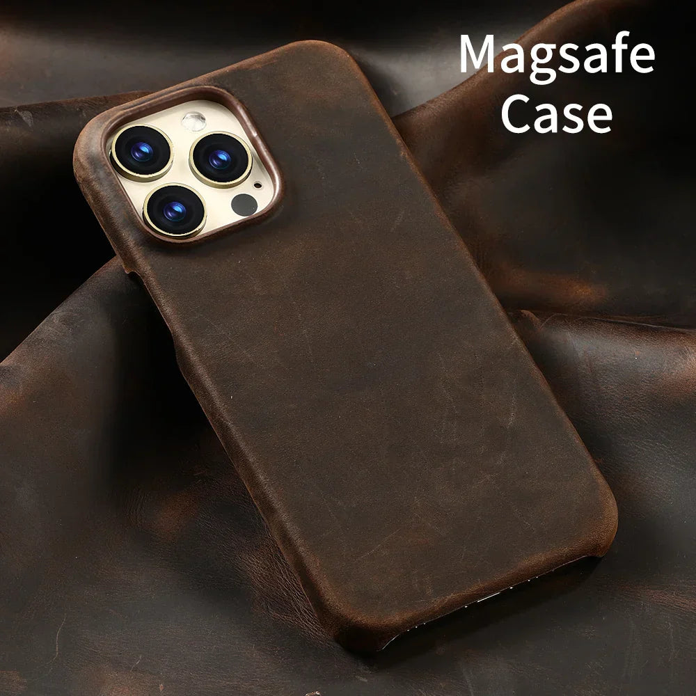 Magsafe Case for iPhone 17 Air 16 15 Pro Max Retro Luxury Full Grain Cowhide Genuine Oiled PULL-UP Leather Magnetic Cover