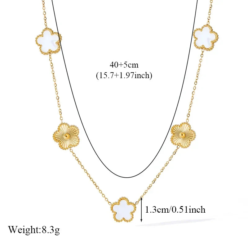 Stainless Steel White Plum Blossom Plant Leaf Flower Set Reversible Necklace Earrings Bracelet Women Clover Jewelry