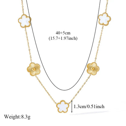 Stainless Steel White Plum Blossom Plant Leaf Flower Set Reversible Necklace Earrings Bracelet Women Clover Jewelry