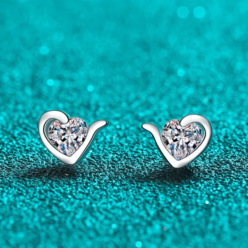 Moissanite Heart Stud Earrings for Women 925 Sterling Silver with White Champagne Gold Plated Wedding Earring Certified