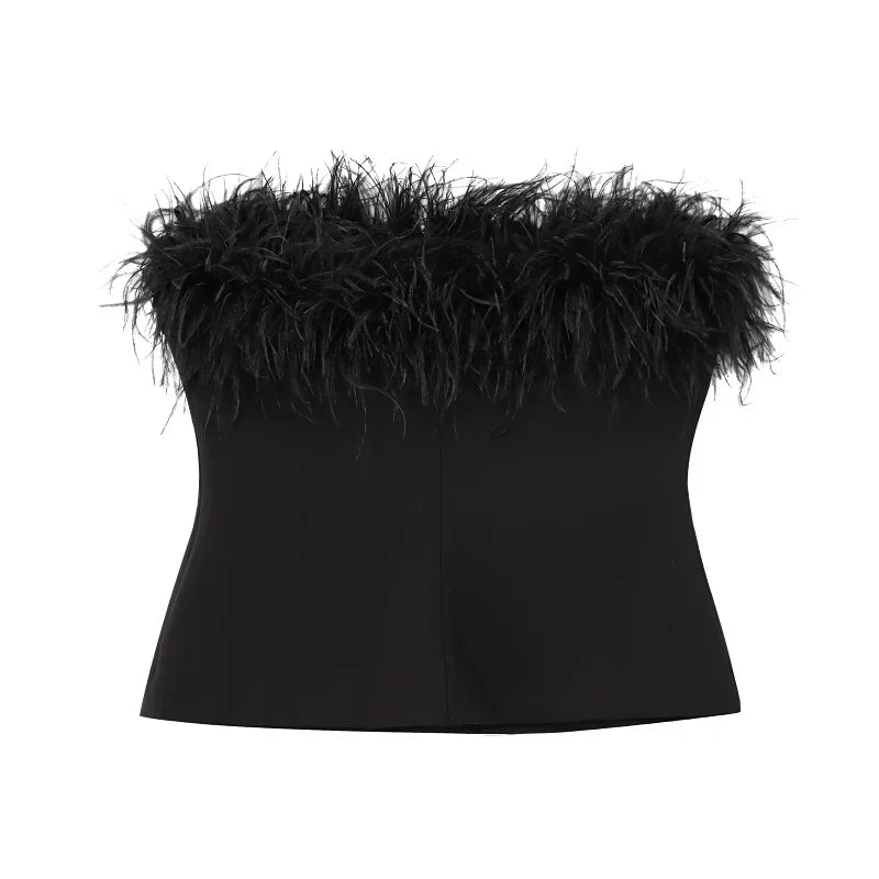 Black Feather Crop Top Women off Shoulder Corset Top Female Sexy Backless Tube Tops for Women Strapless Bustier Top Woman