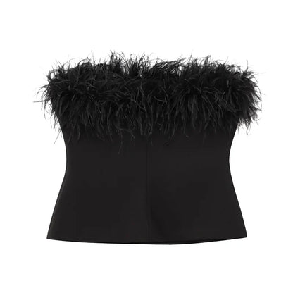 Black Feather Crop Top Women off Shoulder Corset Top Female Sexy Backless Tube Tops for Women Strapless Bustier Top Woman
