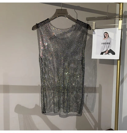 Women&Men Crystal  Rhinestones Shiny Sexy Y2K Tank Tops High Quality Party Club Sexy See Through Mesh Hollow Out Diamond shirt