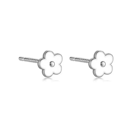 925 Sterling Silver Romantic White Enamel Flower Screw Bead Stud Earrings for Women Fashion Simple Piercing Jewelry Gift