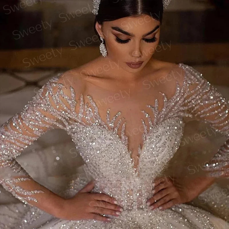 Glitter Wedding Dress Lace With Beading Ball Gown Princess Full Sleeve O-Neck Bride Dress Backless Customized Vestido De Novia