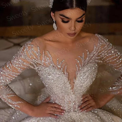 Glitter Wedding Dress Lace With Beading Ball Gown Princess Full Sleeve O-Neck Bride Dress Backless Customized Vestido De Novia