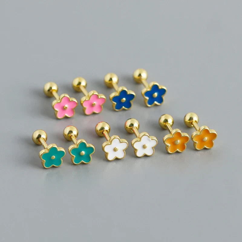925 Sterling Silver Romantic White Enamel Flower Screw Bead Stud Earrings for Women Fashion Simple Piercing Jewelry Gift