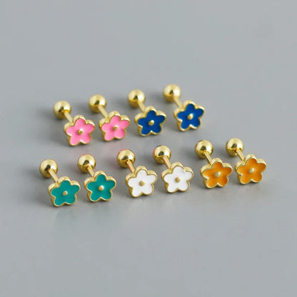 925 Sterling Silver Romantic White Enamel Flower Screw Bead Stud Earrings for Women Fashion Simple Piercing Jewelry Gift