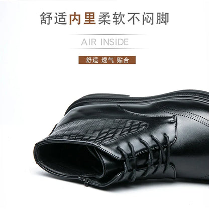 Men Pu Leather High Top Boots With Side Zipper Block Carving Design Business Casual And Handmade Ankle Boots