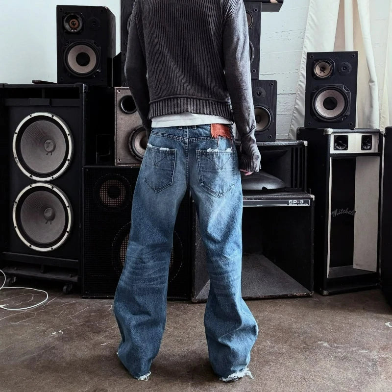 Y2K Vintage Baggy Jeans Men Harajuku Streetwear Wide Leg Denim Pants American Style Distressed Rough Edges Unisex Ripped Jeans