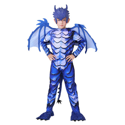 The Frost Blue Dragon Knight Jumpsuit for Kids, Halloween Carnival Theme Party Costume with Wing Tail Mask