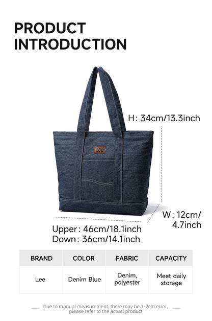 Unisex Utility Canvas Leather Zipper Tote Bag Casual Denim Daily Shopping Handbag Women Man Durable Student School Book Bag
