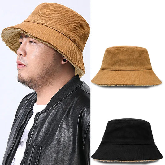 Double-sided Wearable Dad Winter Fisherman Hat Woman Corduroy Fur Bucket Hats Men Big Size Panama Hats Lady Warm Snow Hat