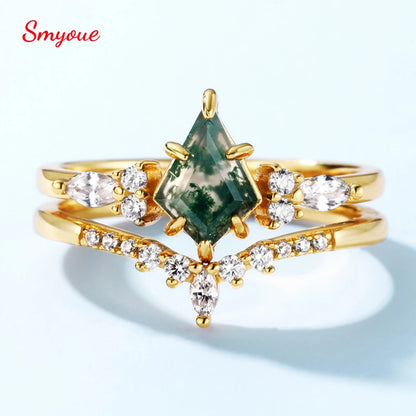 New 6*9mm Moss Agate Ring Set for Women 10k Plated Green Moss Stone Band Wedding Party 100% Real 925 Silver Fine Jewelry