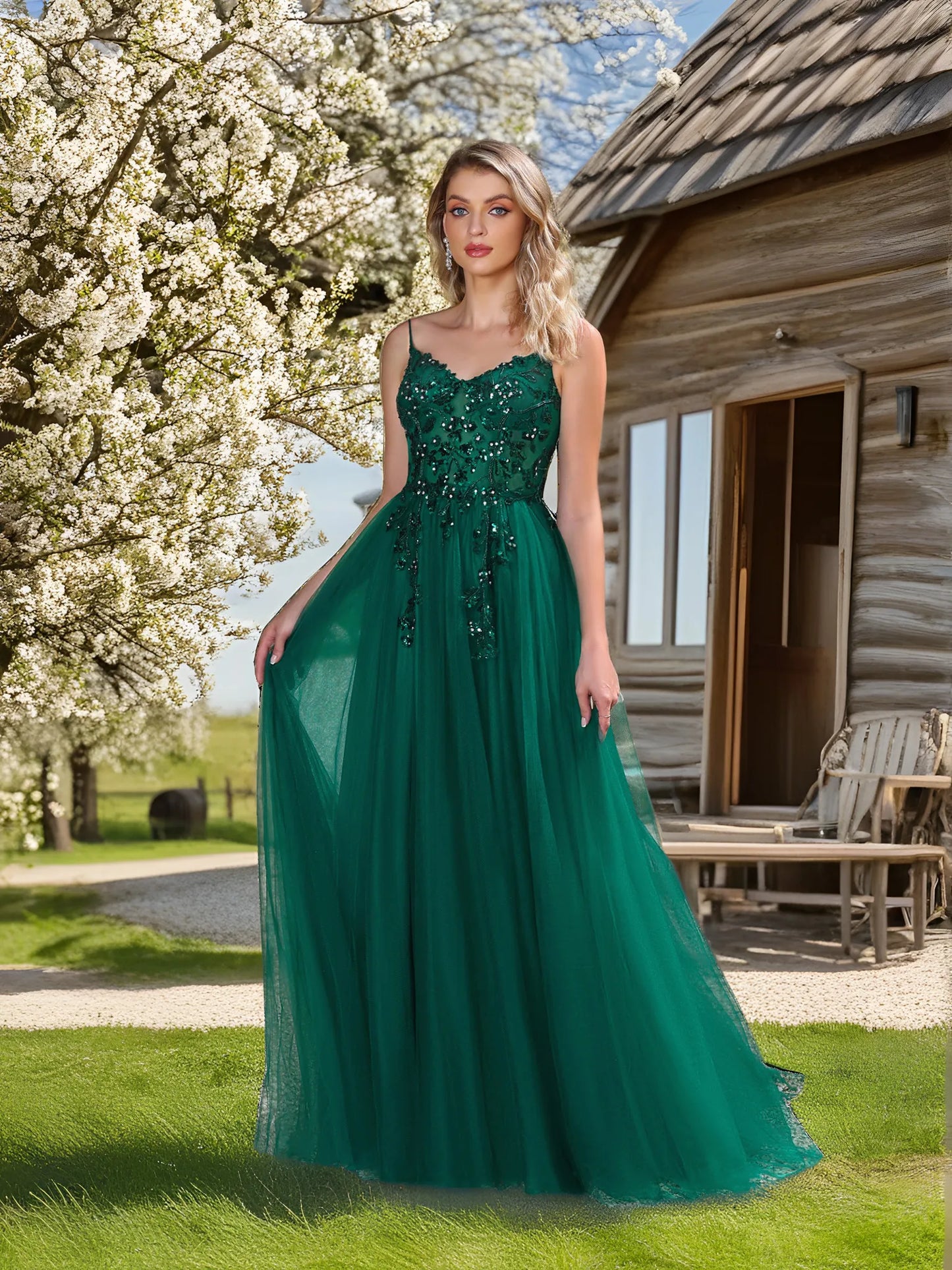 Sequins Lace Green Tulle Prom Dresses 2025 Sexy Spaghetti Straps Side Slit Evening Dress for Wedding Guest Party Dress