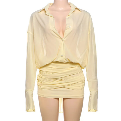 Fashion See Through Shirt Mini Dress Flare Sleeve Sexy Club Party Bandage Ruched Lapel Dresses Outfits Clothes