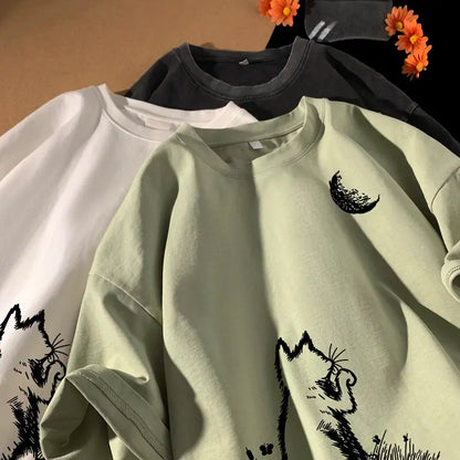 Men's T-shirts Oversized White Big Size 5XL Cotton T Shirt for Men Casual Summer Wear Cat Moon Print Tee Shirts Men Clothing