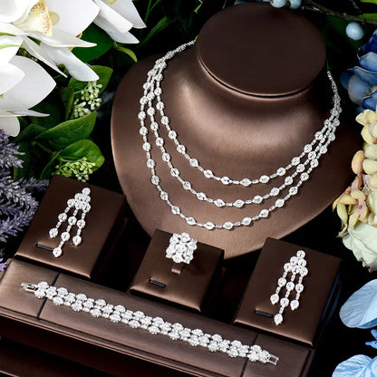 4 Pcs Luxury Elegant Ladies Zirconia Jewellery Set Necklace Earrings Bracelet Dress Accessories Party Wedding Evening Gift M-325