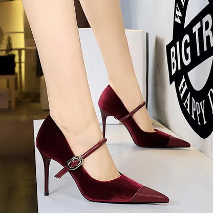 Korean Version Party 10cm 7cm High Heels Women Shoes Thin Heels Velvet Shallow Montage Pointed Toe Metal One-line Buckle Pumps