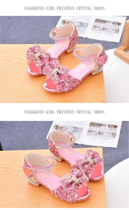 Children's Sandals Summer Princess Crystal Shoes 2024 New Girls High Heels Fashion Sequins Girls Soft Bottom Performance Shoes