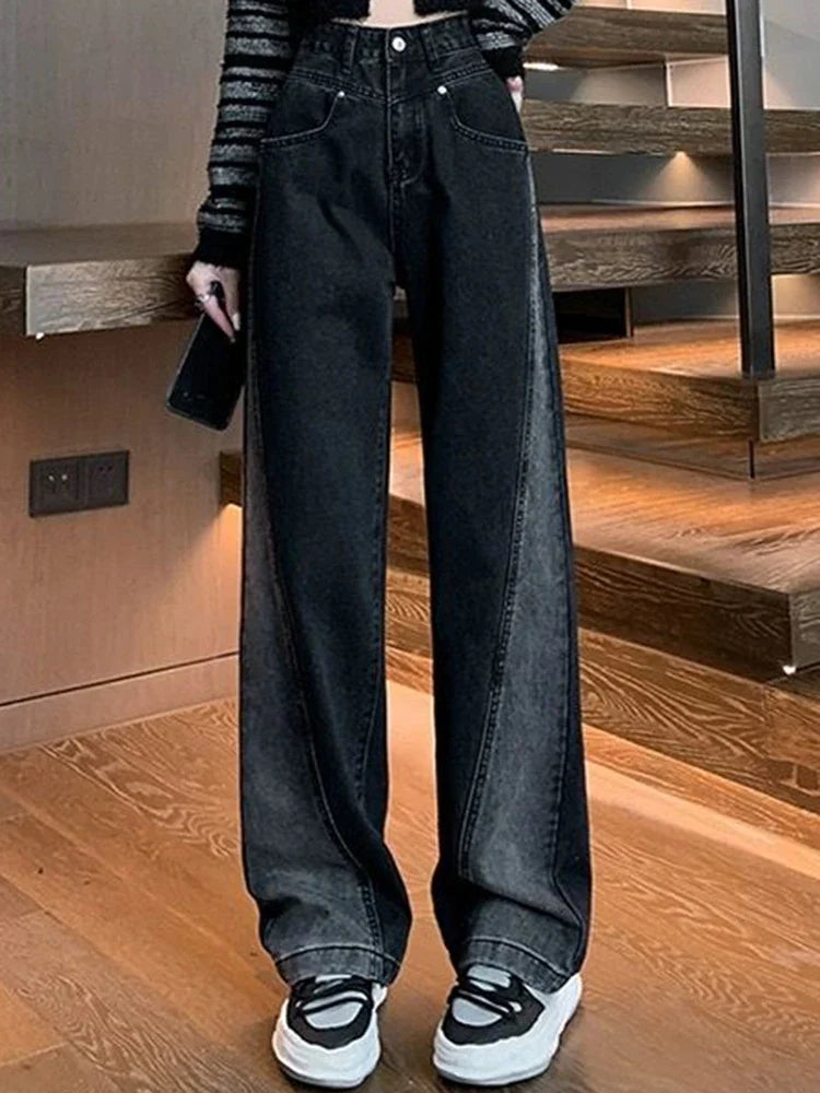 Calça Feminina Cintura Alta Jeans High Street Patchwork Reta