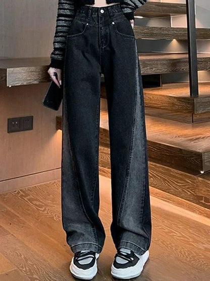 Calça Feminina Cintura Alta Jeans High Street Patchwork Reta