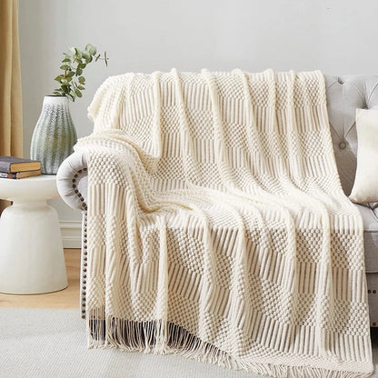 White Boho Throw Blankets Textured Big Knitted Blankets Chunky Vintage Luxury Throw Bedspread Blanket Cover Manta Para Sofá