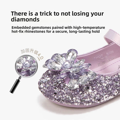 Girls Crystal Slip-On Shoes Soft Bottom Rhinestone Princess Flats Spring Autumn New Style Kids Lightweight Sweet Leather Shoes