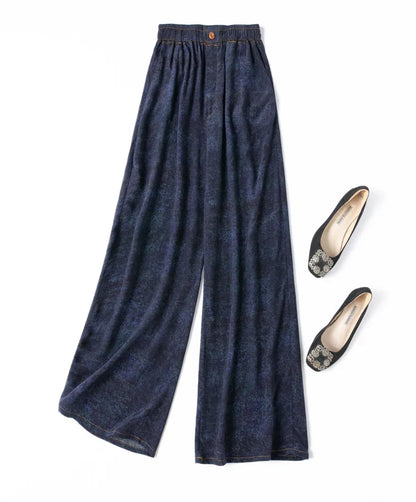 Women Pants 100% Mulberry Silk 16 momme Silk Loose Type Wide Leg Navy Jeans Printed Long Pants Trousers With Pockets L XL M1155
