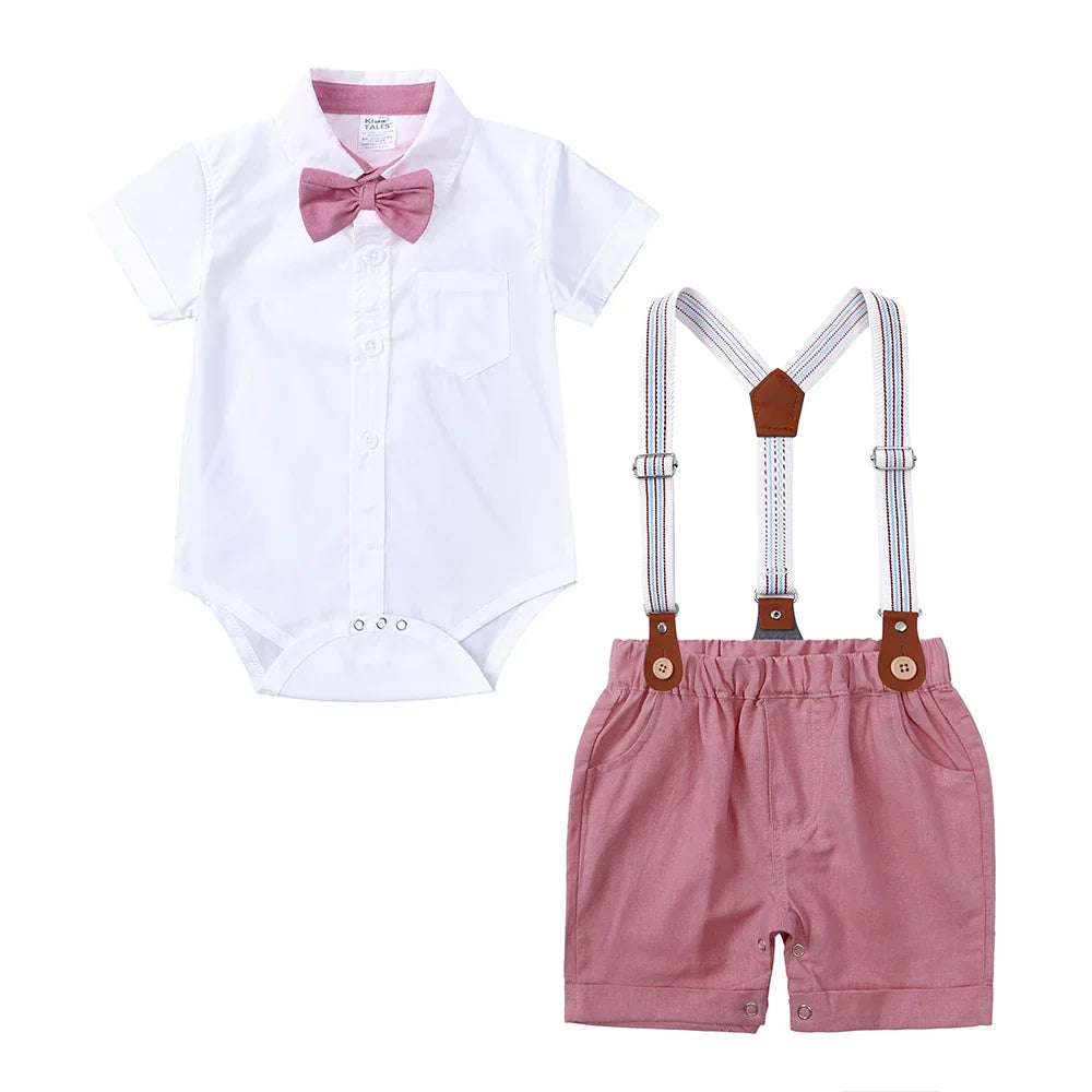 Infant Baby Boy Formal Outfit Newborn Gentleman Clothes Toddler Suit Set Short Sleeve Romper Shirt+Pants+BowTie+Suspender Shorts