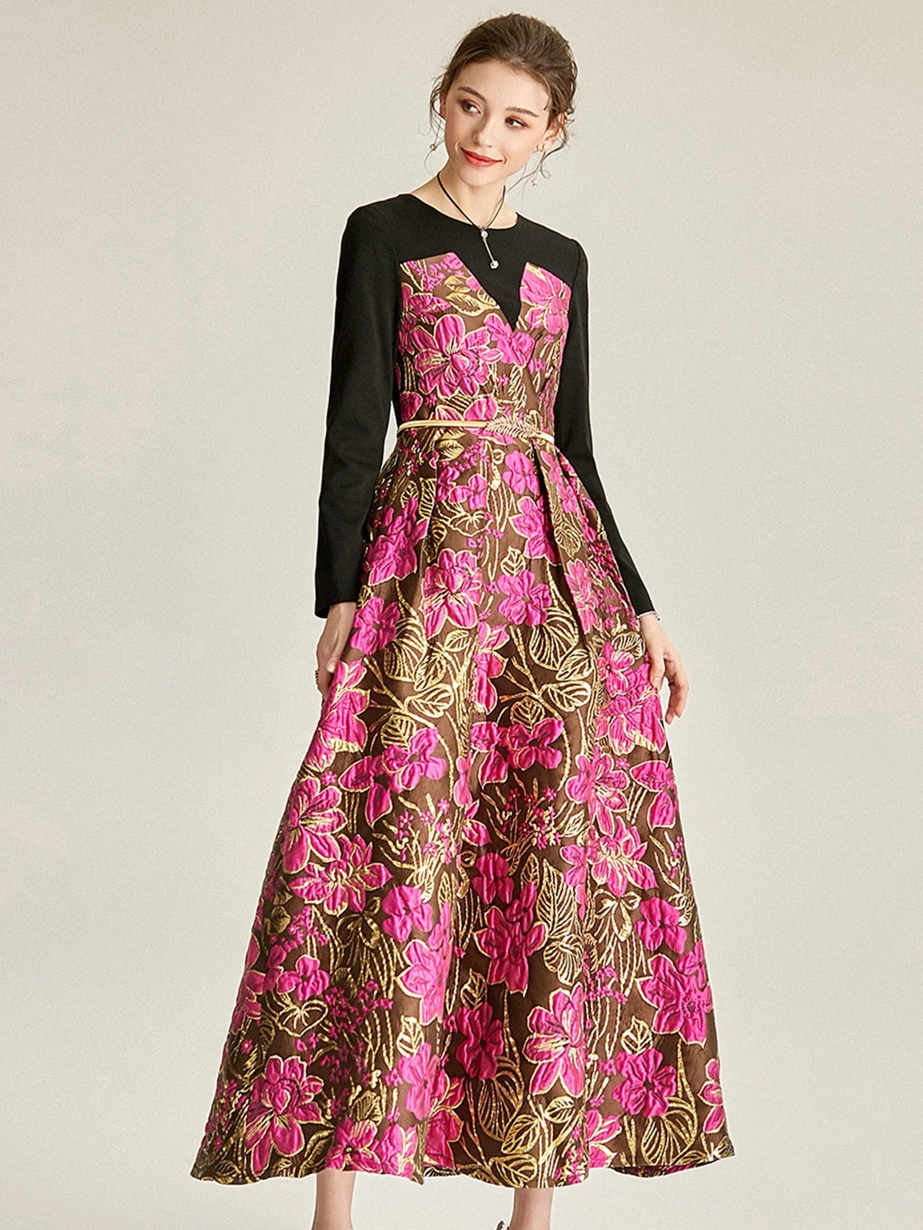 Elegant  Women Long Maxi Jacquard Dress New Party Evening Spliced Spring Autumn Vintage Floral Ball Gown