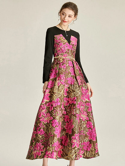 Elegant  Women Long Maxi Jacquard Dress New Party Evening Spliced Spring Autumn Vintage Floral Ball Gown