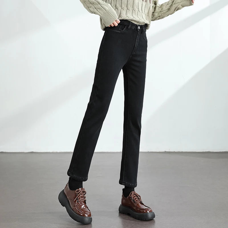 Calças Jeans Femininas de Inverno Quentes de Lã Retrô Elásticas Grossas Confortáveis Retas Modernas Coreanas Casuais de Veludo Denim