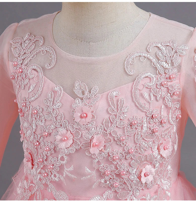 New Slim short sleeve fashion girls dress 3-12 years old Fluffy white wedding Sweet Princess dress lace
