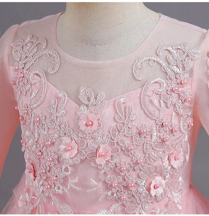 New Slim short sleeve fashion girls dress 3-12 years old Fluffy white wedding Sweet Princess dress lace