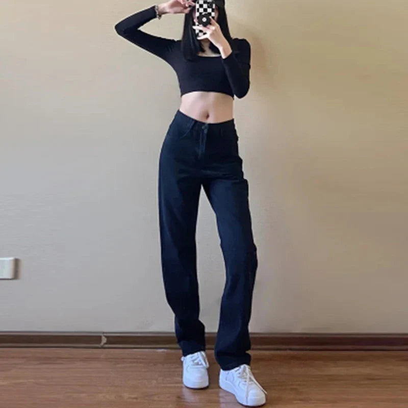 Fashionable Casual Straight Leg Women's Pure Black Jeans High Waisted Slim Fit Wide Leg Pants 2024 New Jeans