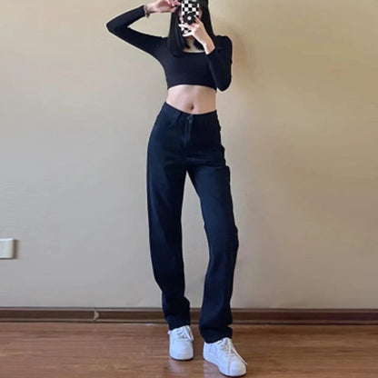 Fashionable Casual Straight Leg Women's Pure Black Jeans High Waisted Slim Fit Wide Leg Pants 2024 New Jeans