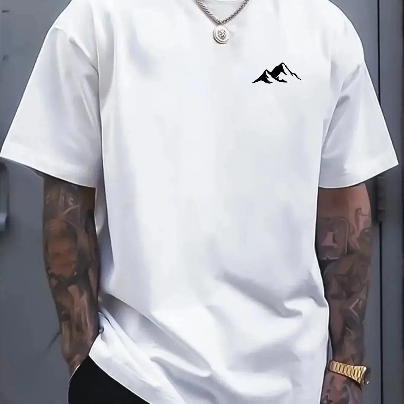Men's Summer 100% Cotton Fashion Casual Loose Mountain-patterned Printed Sports Round-neck Short-sleeved T-shirt Soft Breathable
