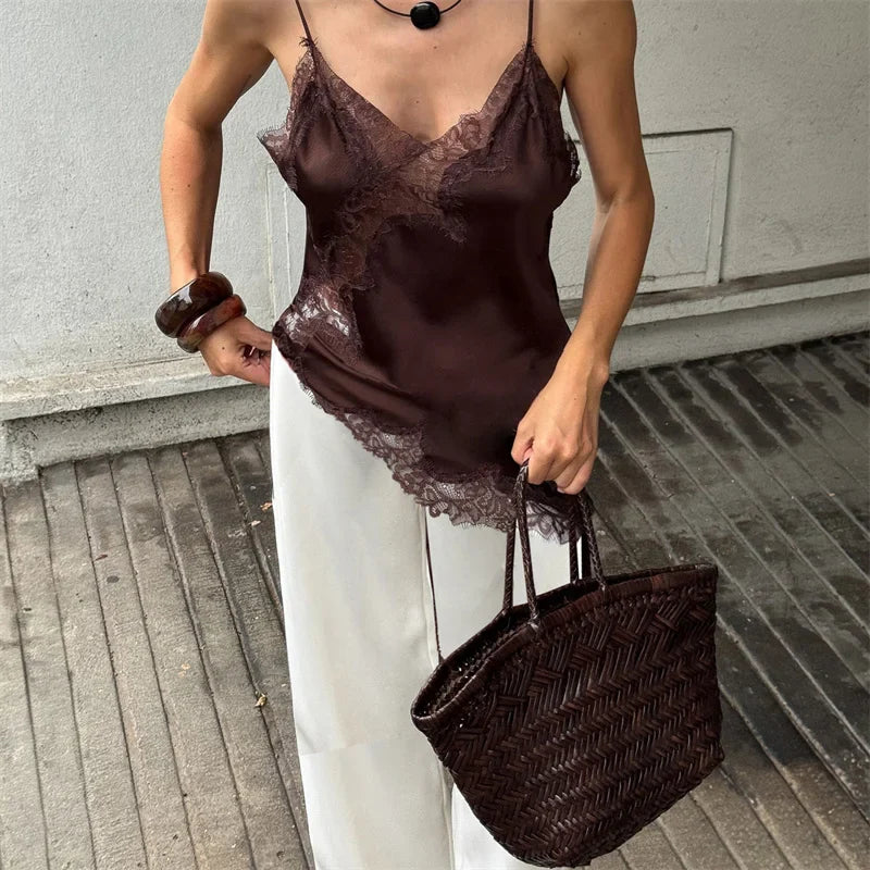 Women Lace Trim Satin Camisole V Neck Spaghetti Strap Backless Asymmetrical Tops Trendy Summer Streetwear