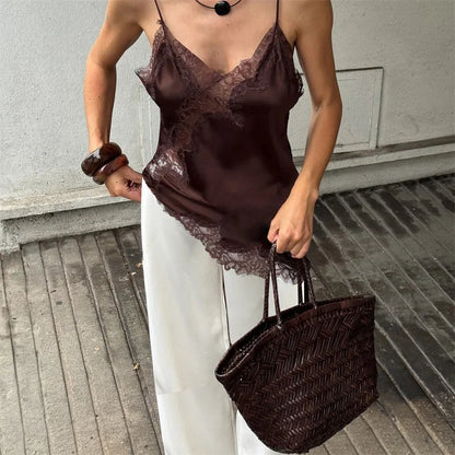 Women Lace Trim Satin Camisole V Neck Spaghetti Strap Backless Asymmetrical Tops Trendy Summer Streetwear