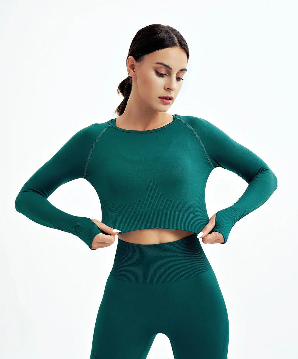 2/3Pcs Women Seamless Fitness Yoga Suit Workout Long Sleeve Crop Top Shirt Sports Bra High Waist Running Leggings Gym Clothing
