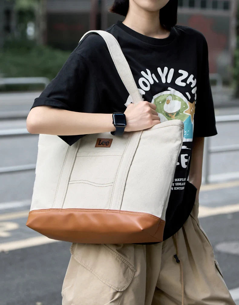Unisex Utility Canvas Leather Zipper Tote Bag Casual Denim Daily Shopping Handbag Women Man Durable Student School Book Bag