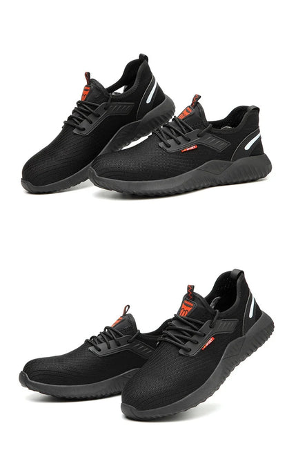 Steel-toe work shoes, puncture-resistant safety boots, sturdy industrial shoes, comfortable and breathable, and slip-resistant.