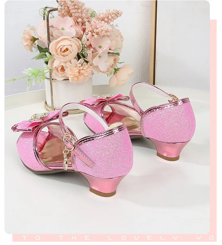 Girls Princess Sandals Summer Open-toe Elegant Children High Heels Fashion Sequins Crown Kids Causal Glitter Wedding Dress Shoes