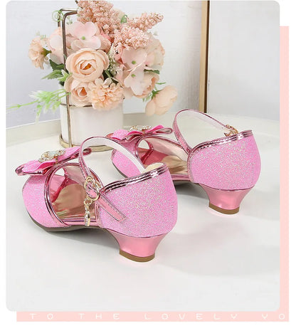 Girls Princess Sandals Summer Open-toe Elegant Children High Heels Fashion Sequins Crown Kids Causal Glitter Wedding Dress Shoes