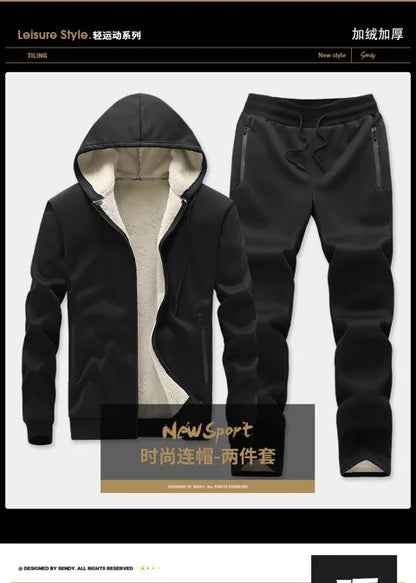 Hooded lambskin medium and elderly large size warm suit with plush thick hoodie jacket+thick pants two-piece set