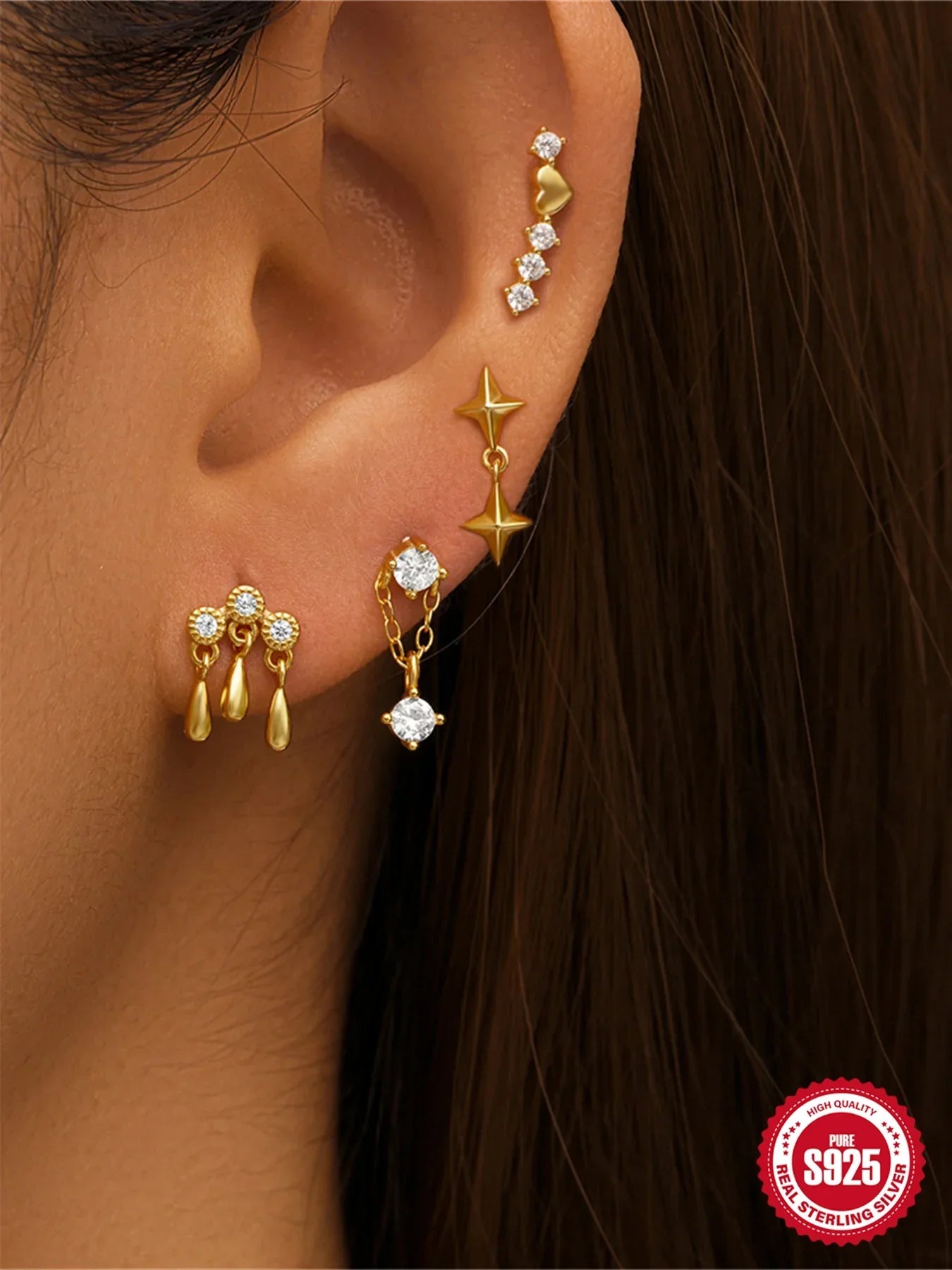1PC Four Pointed Star Moon Tassel Lotus Cartilage Spiral Puncture 925 Sterling Silver Stud Earring For Women Ins Earring