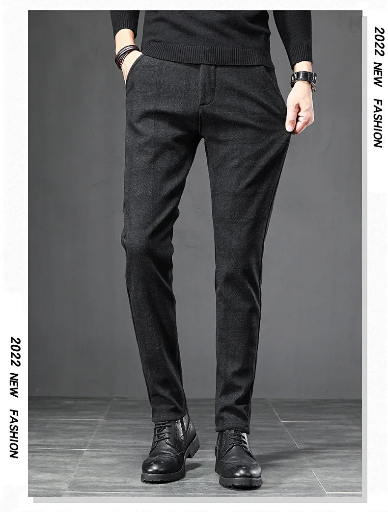 Autumn Men's Brushed Plaid Casual Pants Korean Style Gray Elastic Straight Slim Fit Fashionable Work Pants Blue and Black Male
